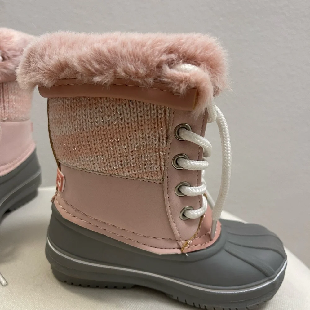 London Fog Little Girl’s Toddler Fur Trimmed Lace Up Boots Pink And Gray Size 6